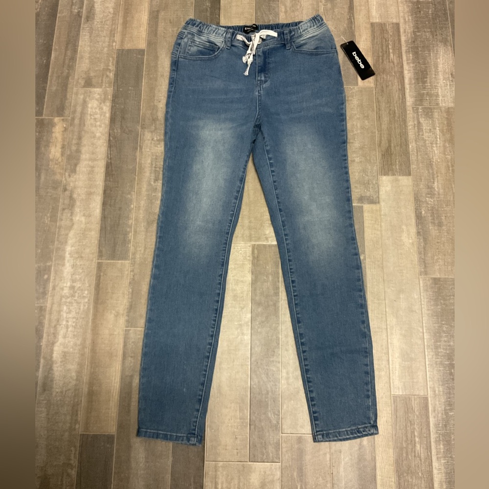 BeBe Women’s Denim Jogger Jeans Drawstring Waist Stretch Blue Skinny Pants W29